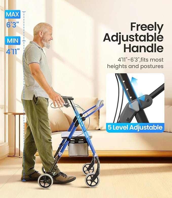 VOCIC Walkers for Seniors, Z12 Rollator Walker with Seat, Ergo Seat & Backrest, Foldable Rollator Adjustable Height, All Terrain Walker, Ultra Light