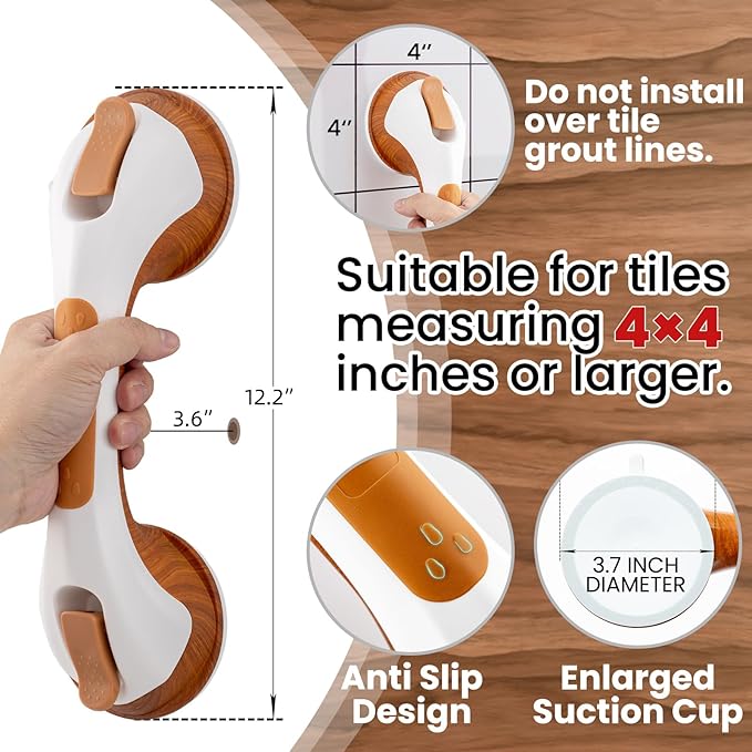 TAILI Grab Bars for Bathtubs and Showers 2 Pack Suction Grab Bar, Heavy Duty Shower Handle Removable Bath Handrails for Seniors and Elderly, Bathroom Safety Grip No Drilling Waterproof, Wood Grain