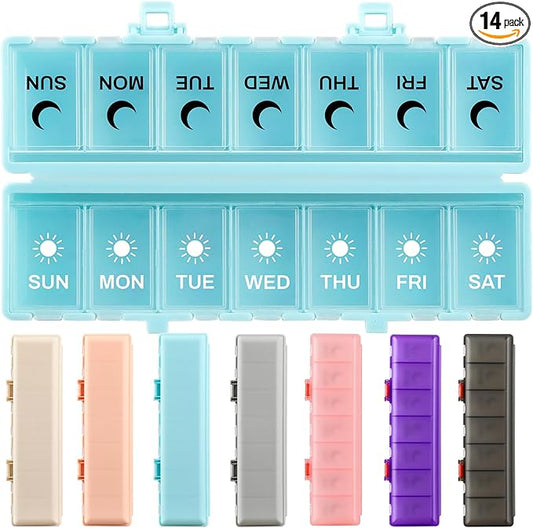 Foldable Pill Organizer Weekly 2 Times a Day, 7 Day Portable AM PM Travel Pill Case with Black&White Labels, Dual-Protection Daily Medicine Box, Large Pill Container for Vitamin/Supplement-Blue