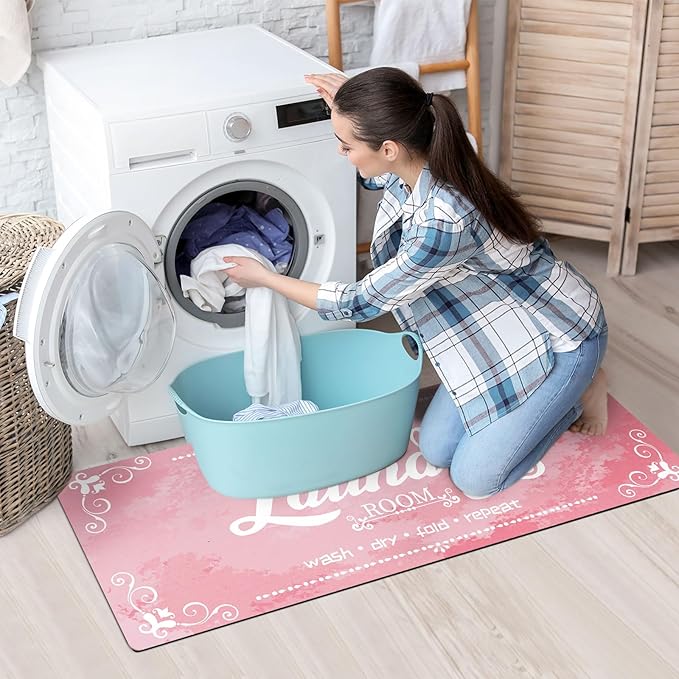 XLHOMO Laundry Room Rugs and Mats, 17.7"x45" Pink Laundry Room Rug Runner Non Slip, Washable Anti Fatigue Laundry Floor Mat for Mudroom, Kitchen, Washroom, Bathroom, Hallway, Entryway Carpet Decor