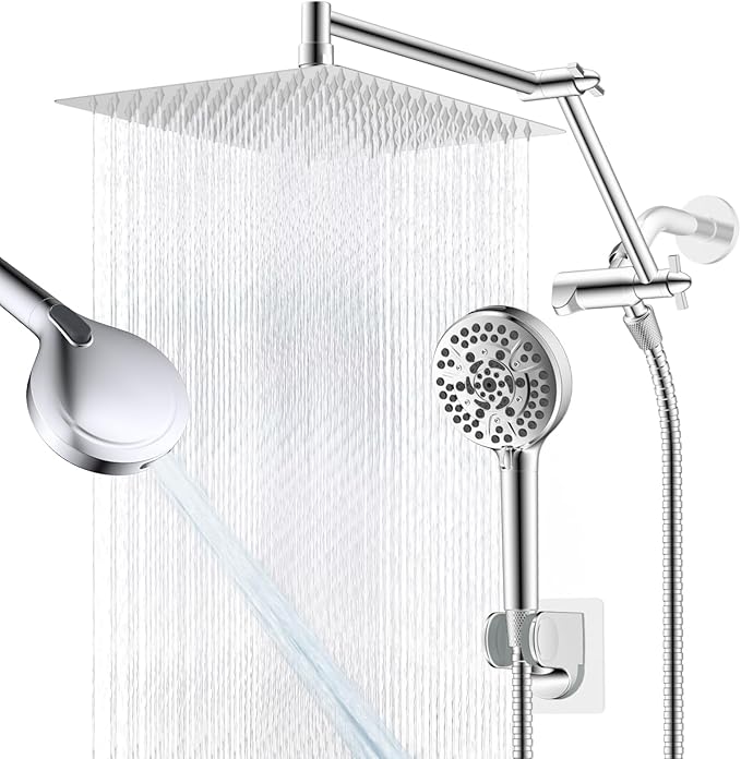 12” All Metal Rain Shower Head, High Pressure Rainfall Shower Head with Handheld Spray Combo, 5” Handheld Spray Powerful Clean 10-Mode, 16" Shower Extension Arm, 71" Hose, 3-Way Diverter, Chrome