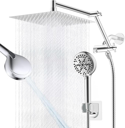 12” All Metal Rain Shower Head, High Pressure Rainfall Shower Head with Handheld Spray Combo, 5” Handheld Spray Powerful Clean 10-Mode, 16" Shower Extension Arm, 71" Hose, 3-Way Diverter, Chrome
