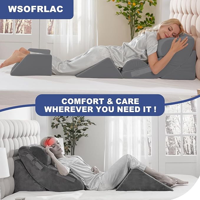 WSOFRLAC 6PCS Multi-Functional Bed Wedge Pillow Kit - 7-in-1 Orthopedic Support for Back/Neck/Legs, Post Surgery Recovery & Sitting Up in Bed, Post Surgery Foam for Body, Grey