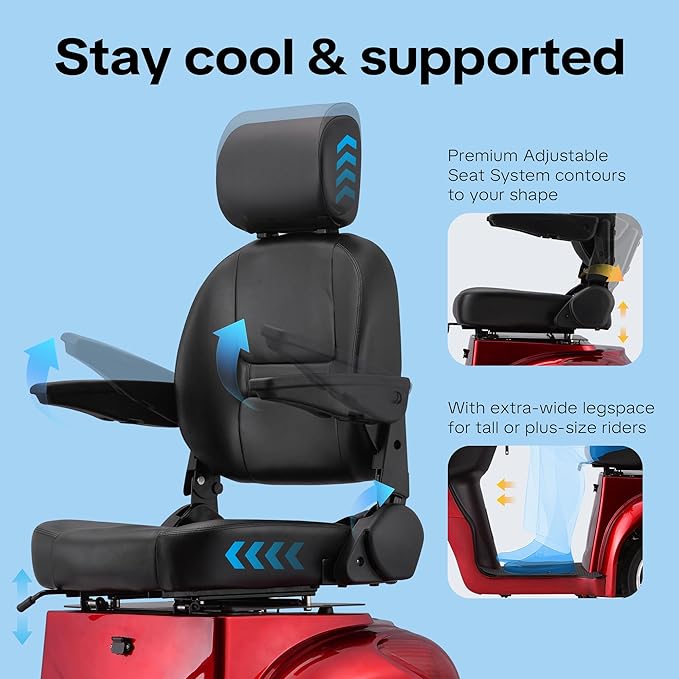 Super Large Electric 4 Wheel Mobility Scooters, Heavy Duty 800W Wheelchair Device, 25 Miles Long Range, All Terrain Mobility Scooter，Speed Adjust, Remote Key,Receive Ready to Ride (3 Wheel -red)