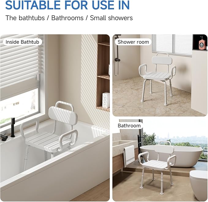 Loyoda 360° Swivel Shower Chair for Inside Shower, Removable Arms & Back, Adjustable Height Rotating Shower Stool for Seniors and Disabled，Swivel Bath Chair for Inside Tub，Neutral Gray
