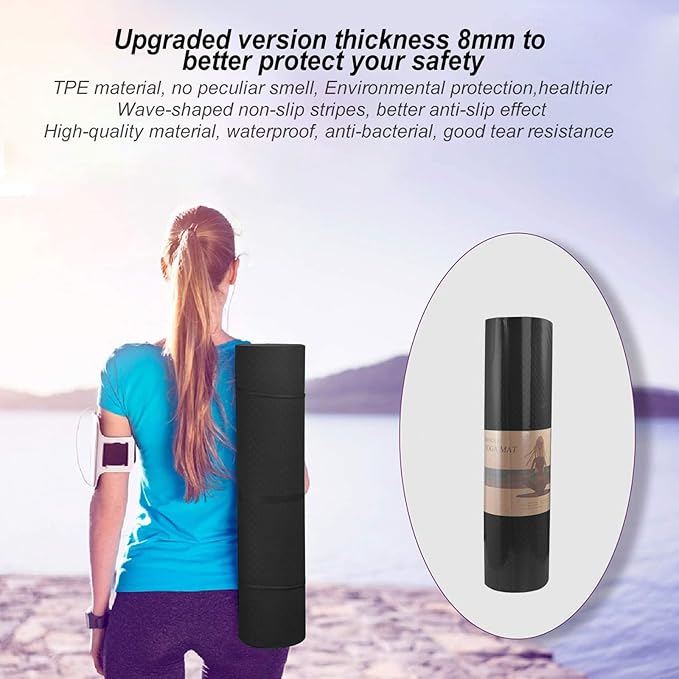 Yoga Mat 1/3" (8mm) Thick Non-Slip, Women Men Fitness & Exercise Mat, 72"Lx24"W Eco-Friendly TPE Workout Mat with Carrying Strap for Yoga, Pilates, Home Gym, Floor Exercises