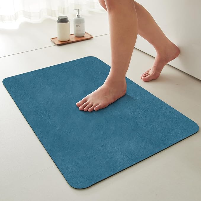 TYUU Bathroom Mat Quick Dry, Bathroom Rugs Non Slip Washable Thin Absorbent Bath Mat Fits Under Door Bathroom Floor Mat Perfect for Bath, Shower, or Sink 16"x24" Denim Blue
