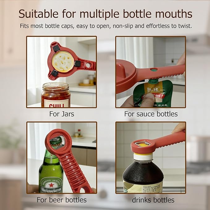 4-in-1 Jar Opener, Adjustable Jar Opener for Seniors, Kitchen Tool Designed Specifically for Seniors and Those with Limited Physical Strength, Suitable For Beer, Salad Dressing, Jar (Red)