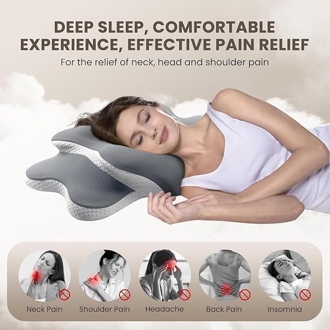JINXIA Cervical Neck Pillow for Neck and Shoulder, Odorless Memory Foam Pillow with Soft Silk Cover, Ergonomic Orthopedic Neck Support Pillow for Side, Back & Stomach Sleepers - Gray