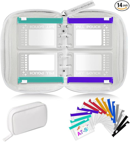 Timueetech A7 Waterproof Pill Organizer with 14 S Zippered Pill Pouches for A7 Binder, Small BPA-Free Weekly Medicine Organizer, Color-Coded Reusable Travel Pill Storage System