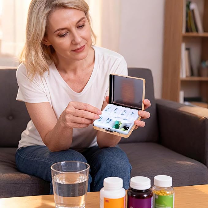 Portable Metal Travel Pill Organizer (7 Days a Week), Large Capacity 8 Compartments, BPA-Free (M-Antique Bronze, Medium)