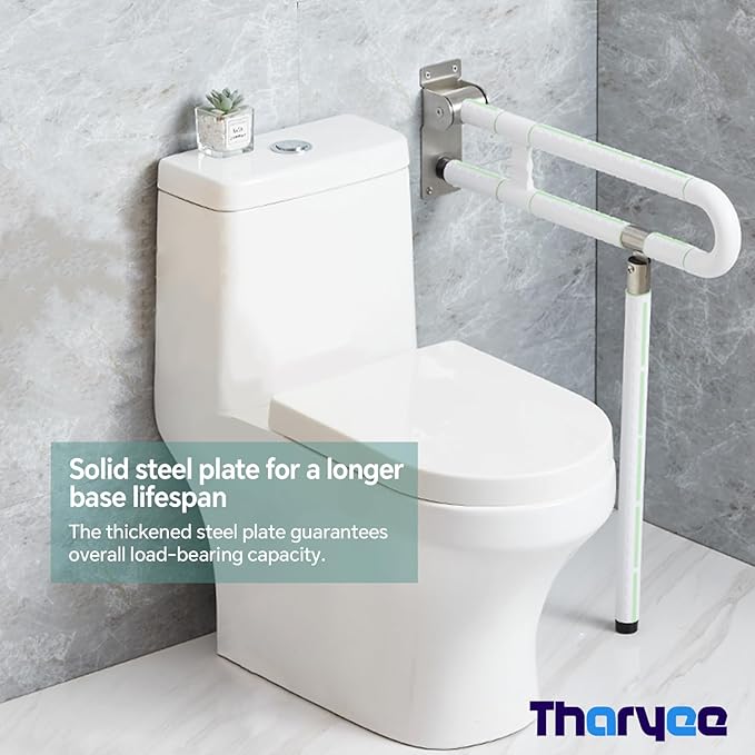 Toilet Grab Bar 23.6 Inch, Anti-Slip Support Rail U Shaped Flip-Up Grab Bar with Luminous, Stainless Steel Handicap Bathroom Safety Handrails for Elderly (White, 23.6 inch with Leg Anti-Slip)