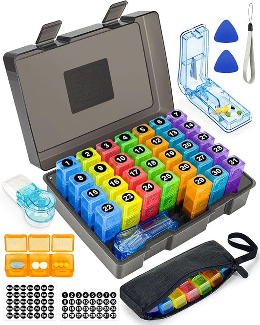 Monthly Pill Organizer 3 Times a Day – Yonlog Large Medicine Box with Weekly Travel Bag, Pill Cutter, Easy-Open Pick, Pill Taker Tool, and 2 Medication Stickers (Black, 3 Times a Day)