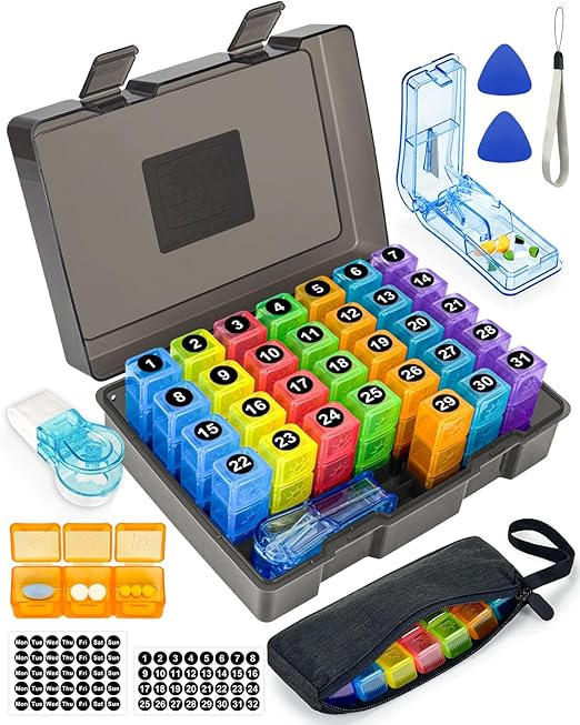 Monthly Pill Organizer 3 Times a Day, FRIWOLE Medicine Box with Portable Weekly Pill Bag, Pill Taker Remover, Pill Cutter and 2 Sticker (Black, 3 Times a Day)