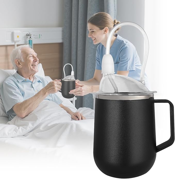 Adult Sippy Sup for Elderly 14oz Stainless Steel Spill Proof Cup with Straw, 3 in 1 Elderly Sippy Cup with Lid, Suitable for Seniors Disabled Patients Limited Mobility