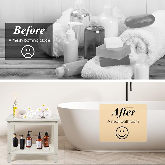 Apolimi HDPE Shower Bench, Shower Stool with Storage Shelf 2-Tier Spa Stool for Inside Shower,Water Resistant & Non-Slip Design Shower Seat (White L Size)