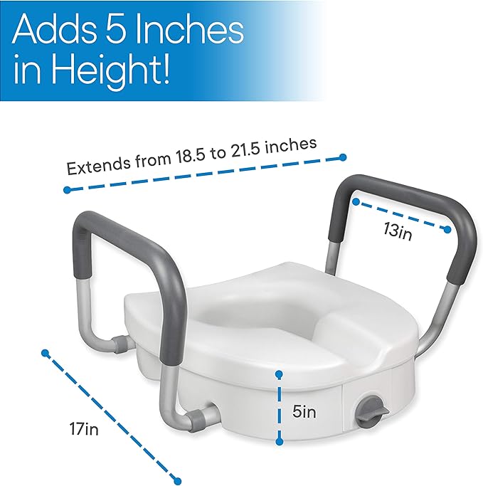 RMS Raised Toilet Seat - 5 Inch Elevated Riser with Adjustable Padded Arms - Toilet Safety Seat for Elongated or Standard Commode
