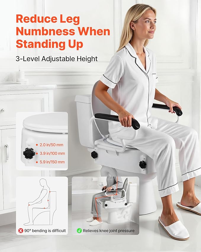 VEVOR Raised Toilet Seat with Arms, 300 lbs Load Capacity, 3-Level Adjustable Height, Widened Commode Elevated Toilet Seat Riser with Padded Handles for Seniors, Elderly, Handicap, Disabled, Adults