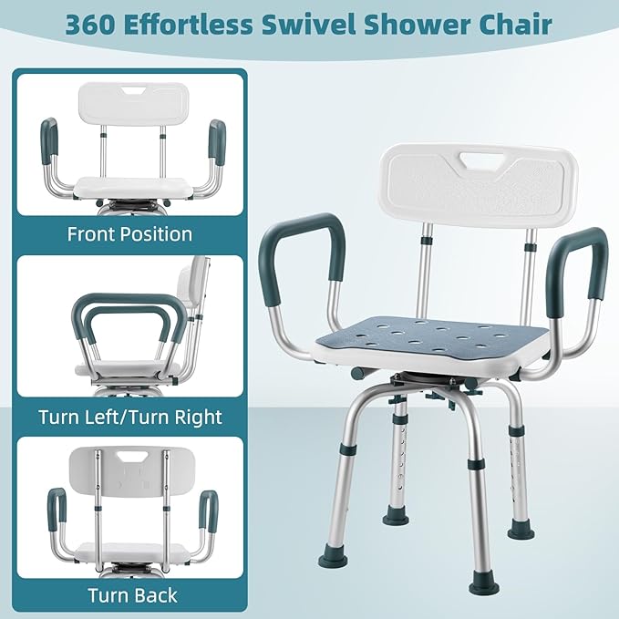 Swivel Shower Chair with Arms and Back, 400 lbs Heavy Duty Shower Stool for Inside Shower Stall and Bathtub, Height Adjustable Rotating Shower Chair Seat for Elderly, Adults, Handicap and Disabled