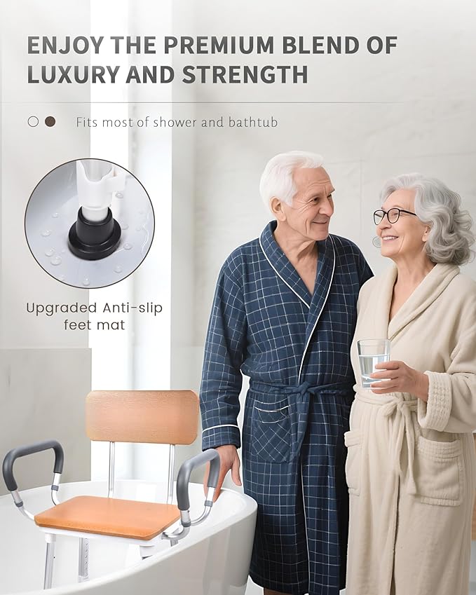 Sangohe Shower Chair for Inside Shower, Heavy Duty Shower Seat for Elderly and Disabled, 400 lbs, Wooden Seat Board and Back, Height Adjustable, 796D-A