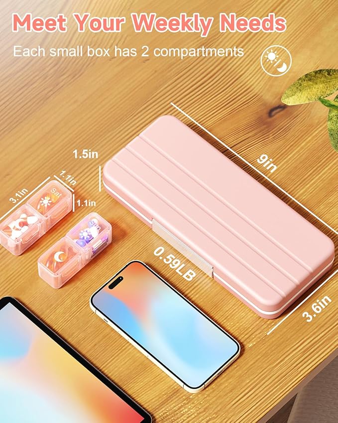 Betife AM PM Pill Organizer 2 Times A Day, 7 Day Pill Box Weekly Pill Organizer Travel with Separate Container, Portable Daily Medicine Planner Dispenser Case for Vitamin, Fish Oils, Supplements