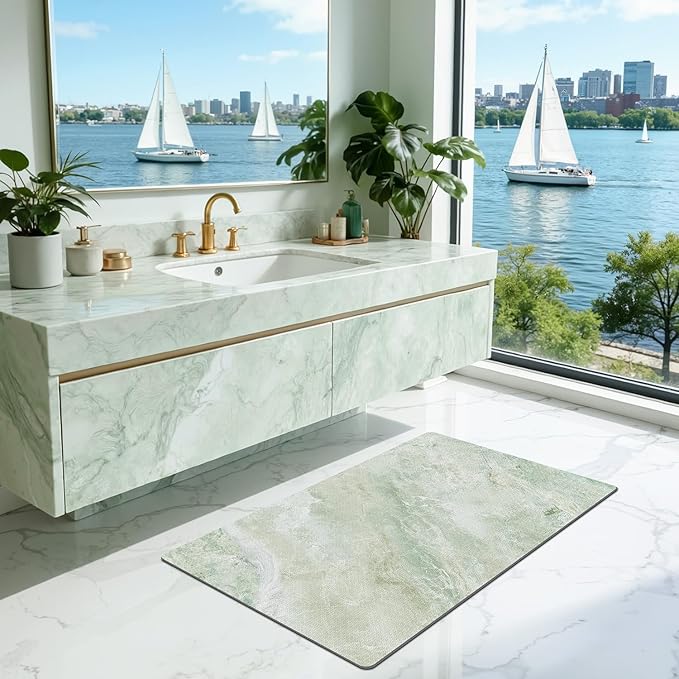 LUMI Ultra Thin Bath Mat, Super Absorbent Quick Dry Bathroom Rugs, Non-Slip Bathroom Mats, Marble Bathmats Fit Under Door, Bathtub, Sink, Shower Room, 24"x44", Green