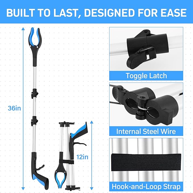 Grabber Reacher Tool for Seniors,36" Foldable Reacher Grabbers Pickup Stick with Anti-Slip 360° Rotating Jaw，with Magnet for Disabled, After Surgery Recovery (Blue, 36inch 2pack)