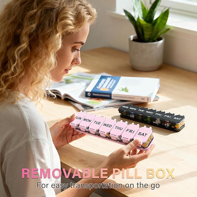 2-Pack Extra Large Weekly Pill Organizer, Travel Pill Box 7 Days, XL Vitamin Holder with 7 Detachable Compartments, Protable Medicine Organizer for Home and Travel