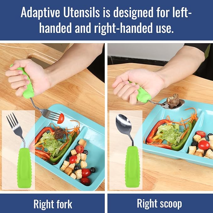 Adaptive Utensils Set – Ergonomic Angled Fork & Spoon for Parkinson's, Tremors, and Stroke Recovery – Weighted Utensils for Hand Tremors, Non-Slip Silicone Grip, Dishwasher Safe