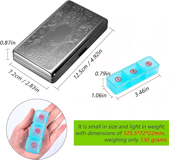 Pill Organizer with 3 Compartments 7 Day Metal Pill Box for Fish Oil/Food Supplements Travel Pill Box. (Rectangle-Black, Large Rectangle)