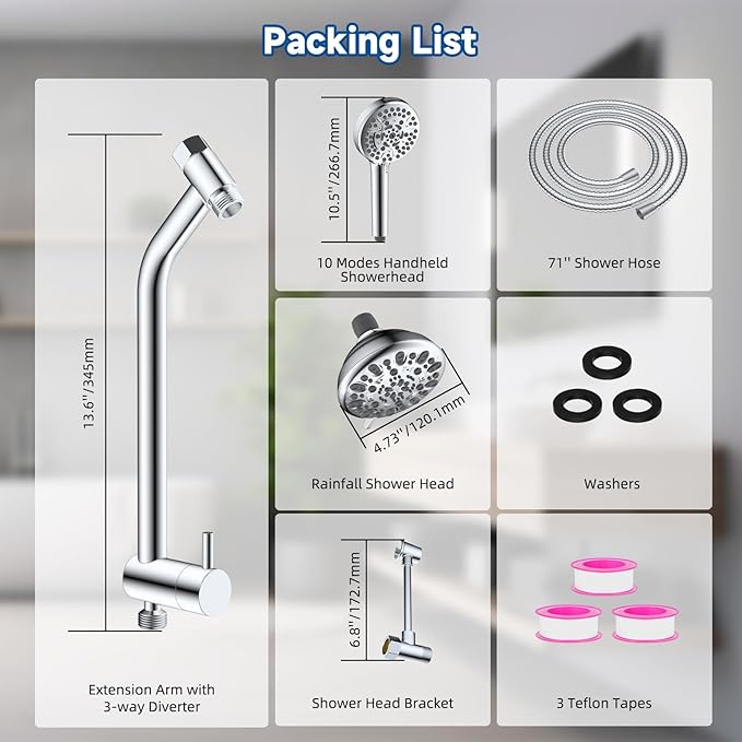 All Metal Dual Shower Head Easy Reach, High Pressure 10-Spray Handheld & Rainfall Shower Head Combo with Shower Extension Arm, 71" Hose, 3-way Diverter, Brass Shower Bracket, Chrome