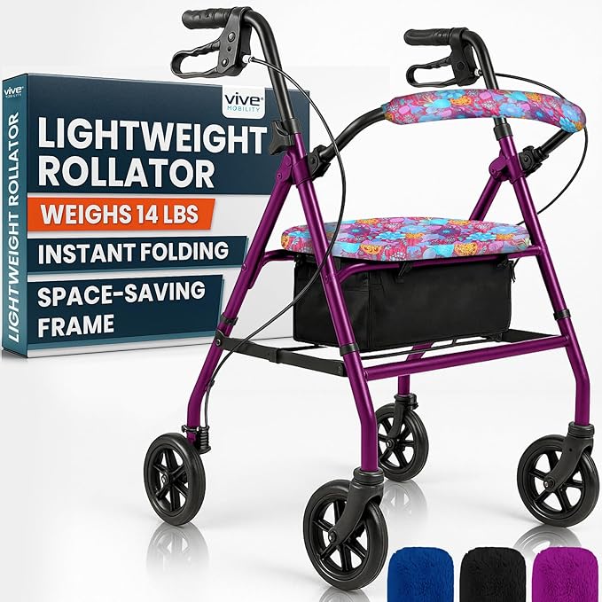 Vive Ultra Lightweight Rollator Walker with Seat - Foldable, Narrow, Rolling Senior Walker for Small Spaces - 4 Wheel Aluminum Adult Easy Drive Aid with Underseat Accessory