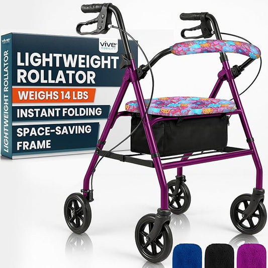 Vive Ultra Lightweight Rollator Walker with Seat - Foldable, Narrow, Rolling Senior Walker for Small Spaces - 4 Wheel Aluminum Adult Easy Drive Aid with Underseat Accessory