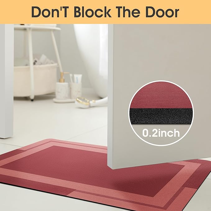 ACCUMTEK Non Slip Bath Mat, Thin Bathroom Rugs Fit Under Door, Quick Dry Bath Mats, Machine Washable Bath Rugs for Bathroom, Bathtub & Kitchen, Red/Bordered/24 x17