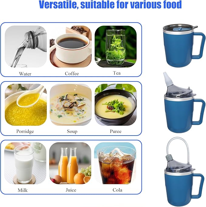 Adult Spill Proof Cup for Elderly, 3 in 1 Stainless Steel Sippy Cup with Straw and 2 Lids, Suitable for Seniors Disabled Patients Limited Mobility, 14 OZ