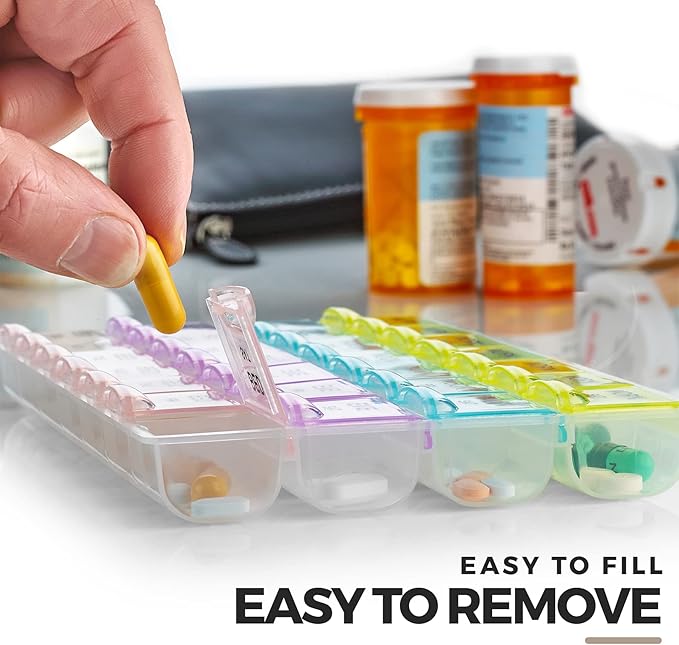 Pill Organizer - Large Pill Organizer with Weekly and Daily 4-Times-A-Day Compartments for Morning, Noon, Evening, Night - BPA-Free, Portable and Travel Friendly Pill Boxes Case