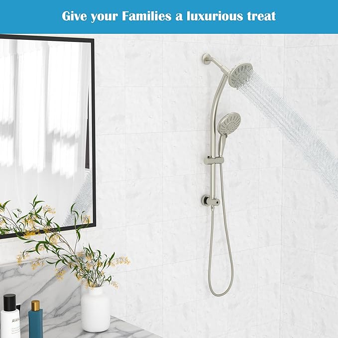 Lordear Rain Shower Head with Handheld Spray 5 Setting 3-Way Water Diverter Double Rain Hotel Spa Dual Bathroom Rain Shower Head Combo with Adjustable Sliding Bar,Brush Nickel