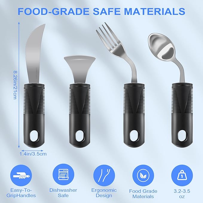 Adaptive Utensils, Weighted Utensils for Hand Tremors, Utensils for Parkinsons Patients,Elderly,Arthritis,Weak Hand Grip. Stainless Steel Knife,Fork,Spoons and Rocker Knife Set (4pcs Right-Handed)