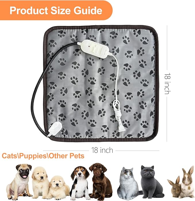 Cat Heating Pad – 18x18 in Self-Warming Pet Bed, Electric Heated Dog & Cat Pad, Waterproof, Temperature Adjustable, Fast Heating, Safe Thermostat, for Kittens Puppies Small Pets