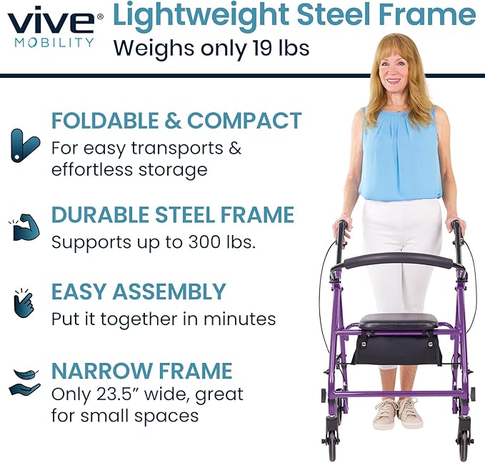 Vive Mobility Steel Rollator Walker with Seat - Foldable, Narrow, Rolling Senior Walker for Small Spaces - 4 Wheel Lightweight Adult Easy Drive with Underseat Storage, Adjustable Height (Purple)