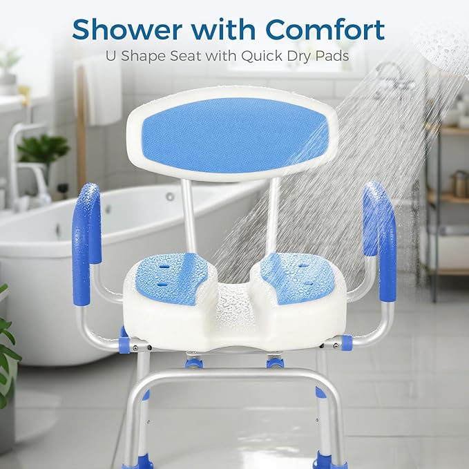 FAHKNS Swivel Senior Bathing Chair with Arms & Back, 400 LBS Heavy Duty U-Shape Seat, Height Adjustable Safety Bath Seat for Tub, Elderly & Disabled