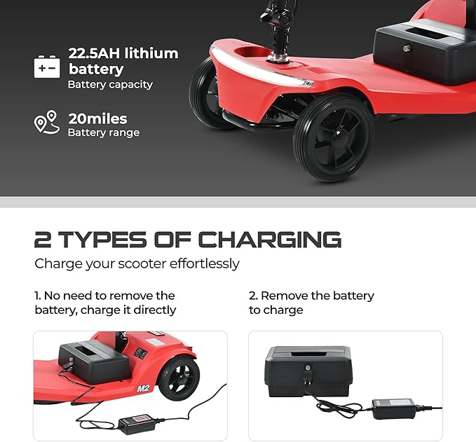 Metro Mobility 4 Wheel Powered Mobility Scooters, 330 lbs Capacity Mobility Scooters for Adults, Folding Mobility Scooter Lightweight, Electric Scooters for Seniors 20 Miles Range LED Light Red
