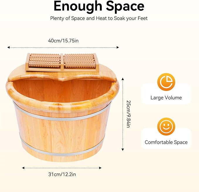 16" Wood Foot Bath Bucket with Massage Roller & Lid, Thickened Spa Soaking Tub for Relaxation, Washing and Sauna, Wooden Foot Soaking Tub with Heat Retention