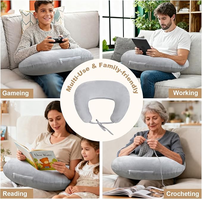 IFOYO Ergonomic Gaming Pillow for Lap, Grey U-Shaped Crochet Pillow for Lap Support, Soft Reading Pillows Provide Arms Legs Neck Support to Long Gaming Sessions, Crocheting, Reading, Working