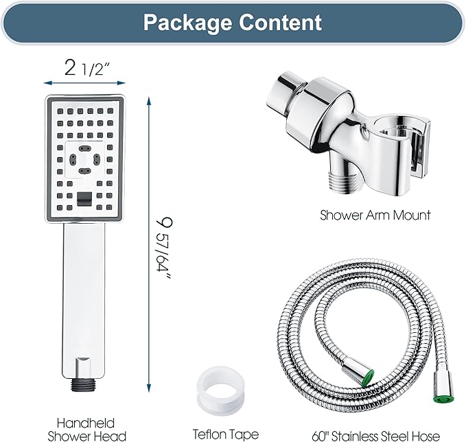 BRIGHT SHOWERS Handheld Shower Head Set High Pressure Hand Held Showerhead with 60 Inch Flexible Shower Hose and Adjustable Shower Arm Mount Bracket, 3 Spray Settings Shower Wand, Chrome