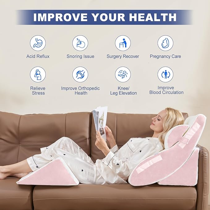 WSOFRLAC 4PC Geriatric Wedge Pillow System - Elderly Bed Wedges for Sitting/Sleeping, Post Surgery Body Positioner with Non-Slip Base (Ideal for Seniors & Pregnancy), White Pink