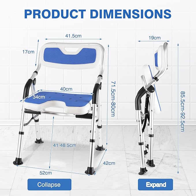 DEWEL Foldable Shower Chair for Elderly and Disabled, Folding Shower Seat with Armrests and Back Height Adjustable, Aluminum Alloy Bath Seat for Inside Shower, 330lbs Capacity (Blue)