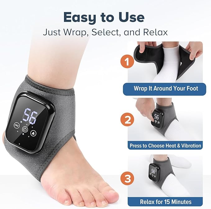 Cordless Ankle Massager with Heat, Foot Massager for Neuropathy, Ankle Heating Pad with Massage, Foot Heating Pad, Foot and Ankle Massager, 3 Heat Levels, 3 Vibration Modes, Auto Shut-Off, Gray