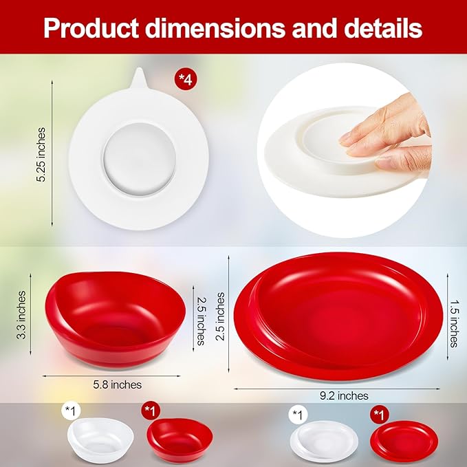 Hushee 2 Sets Adaptive Spill Proof Scoop Bowl and Plate Set with Suction Base Non Skid Self Feed Suction Dinnerware for Elderly Disabled Handicapped from Parkinsons Tremor (Red and White)