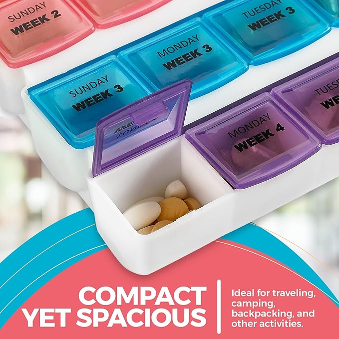 Monthly Pill Organizer - 28 Day Monthly Pill Planner to Separate Pills & Vitamins Week to Week, Travel Medication Reminder Daily Monday to Sunday Compartments, Case of 40